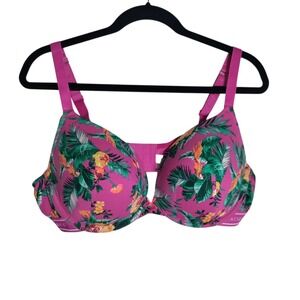 Cacique Boost Plunge Bra 40DD Pink Tropical Floral Palm Leaf Underwire 1550